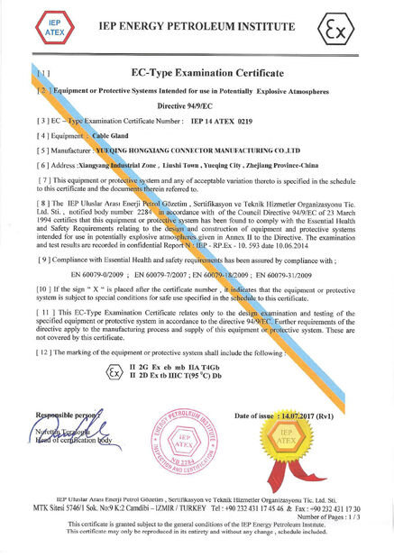 ประเทศจีน ZHEJIANG HONGXIANG CONNECTOR MANUFACTURING CO.,LTD. รับรอง